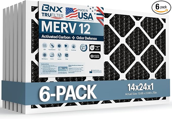 BNX TruFilter 14x24x1 MERV 12 Odor Defense (6-Pack) AC Furnace Air Filter with Activated Carbon - MADE IN USA - Pleated Air Conditioner HVAC AC Furnace Filters - Removes Odor, Mold, Bacteria, Smoke