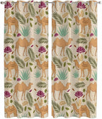 2 Panel Kitchen Cafe Curtains, Desert Camels Sunlight Filtering Nature Air Through, Home Decor Window Covering Tier Curtains for Living Room 104W x 96L inch Vintage Sand Animals Aloe Vera Leaves Beige