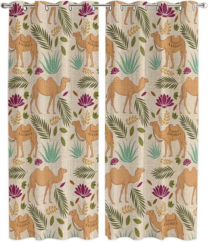 2 Panel Kitchen Cafe Curtains, Desert Camels Sunlight Filtering Nature Air Through, Home Decor Window Covering Tier Curtains for Living Room 104W x 90L inch Vintage Sand Animals Aloe Vera Leaves Beige