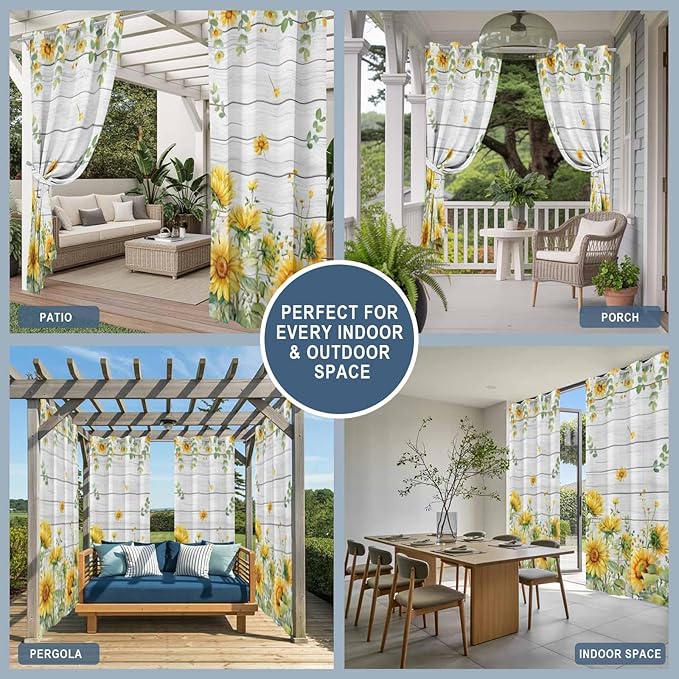 Sunflowers Outdoor Curtains for Patio Summer Floral Eucalyptus Leaf Wood Plank Waterproof Outside Curtains with Grommet Top Weatherproof Curtain for Cabana Pergola Gazebo, 1 Panel, 54" W x 95" L