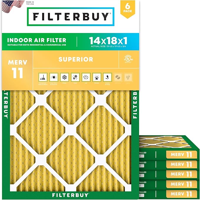 Filterbuy 14x18x1 Air Filter MERV 11 Superior Pet & Allergy Defense (6-Pack), Electrostatic Pleated HVAC AC Furnace Filters Replacement, Made in USA (Actual Size: 13.50 x 17.50 x 0.75)
