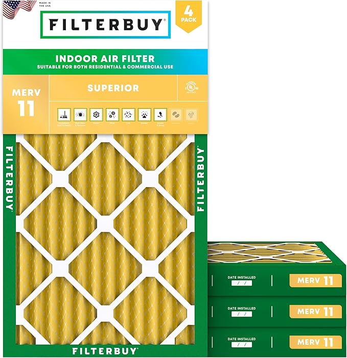 Filterbuy 16x24x2 Air Filter MERV 11 Superior Pet & Allergy Defense (4-Pack), Electrostatic Pleated HVAC AC Furnace Filters Replacement, Made in USA (Actual Size: 15.38 x 23.38 x 1.75)