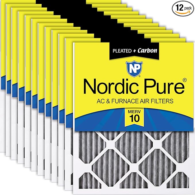 Nordic Pure 20x25x1 (19 1/2 x 24 1/2 x 3/4) Furnace Air Filters MERV 10 Pleated Plus Carbon 12 Pack