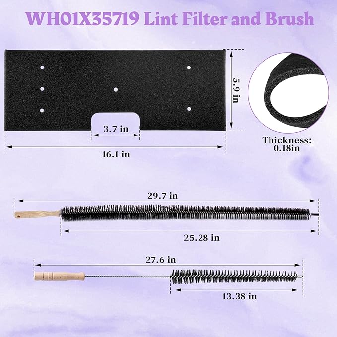 WH01X35719 Lint Filter Compatible with Ge Profile Washer Dryer Combo Foam Filter for PFQ97HSPV0DS Combo Washer Dryer Filter with Lint Brush (1 Long Handled Brush & 1 Full Bristle Brush)- 4 Pack