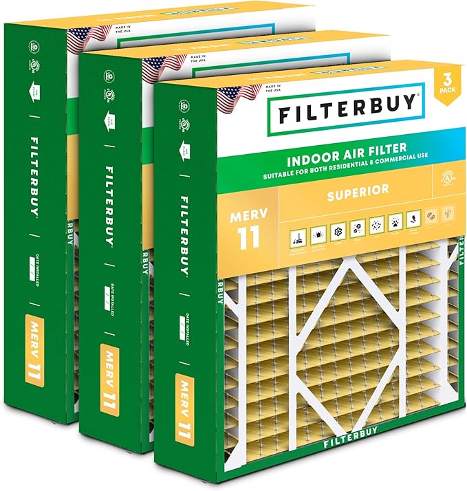Filterbuy 21x24.5x5 Air Filter MERV 11 Superior Pet & Allergy Defense (3-Pack), Electrostatic Pleated HVAC AC Furnace Filters for Rheem, Ruud, and Protech (Actual Size: 20.63 x 24.13 x 4.38)