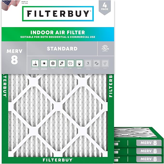 Filterbuy 16.5x21x1 Air Filter MERV 8 Essential Dust & Allergy Defense (4-Pack), Electrostatic Pleated HVAC AC Furnace Filters Replacement, Made in USA (Actual Size: 16.50 x 20.50 x 0.75)