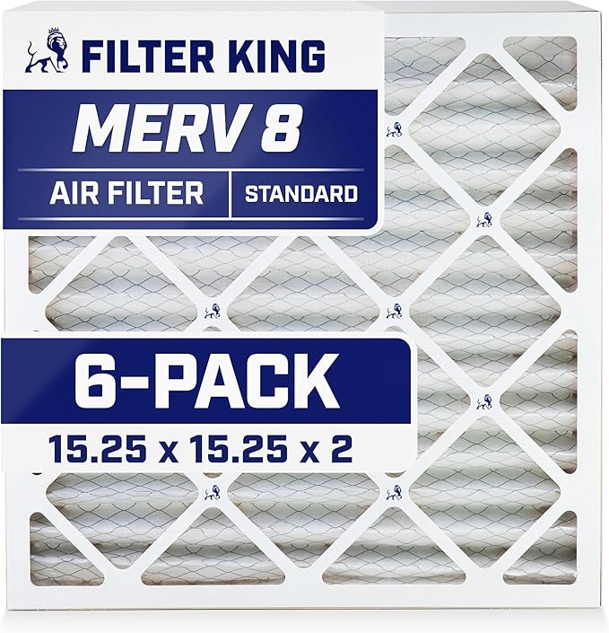 Filter King 15.25x15.25x2 Air Filter | 6-PACK | MERV 8 HVAC Pleated A/C Furnace Filters | MADE IN USA | Actual Size: 15.25 x 15.25 x 1.75"