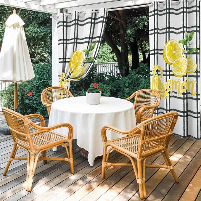 Lemon Outdoor Curtains for Patio Lemon Leaves Summer Plaid Buffalo Waterproof Outside Curtains with Grommet Top Weatherproof Curtain for Cabana Pergola Gazebo, 2 Pack, 54" W x 108" L