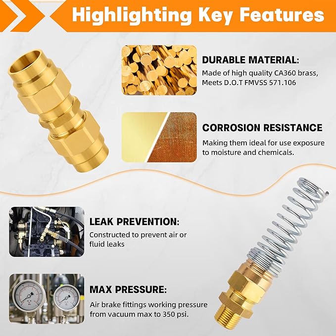 50PCS Brass DOT Air Brake Hose End Fitting Kit, Dazakoot J1402 Air Brake Fitting Assortment Kit for Replacement, Air Brake Hose Assembly Kit (Connector, Nut Tube, Spring and Sleeve Tube)