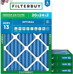 Filterbuy 20x24x2 Air Filter MERV 13 Optimal Smoke & Allergy Defense (4-Pack), Electrostatic Pleated HVAC AC Furnace Filters Replacement, Made in USA (Actual Size: 19.38 x 23.38 x 1.75)