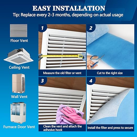 MERV 8 Air Vent Filters, 20" x 100"Cut to Fit Air Filter Material (80+ Filters),Electrostatic Triple Vent Filter for Floor, Ceiling, HVAC Furnace Vents, Includes 48 Adhesive Hook Tape