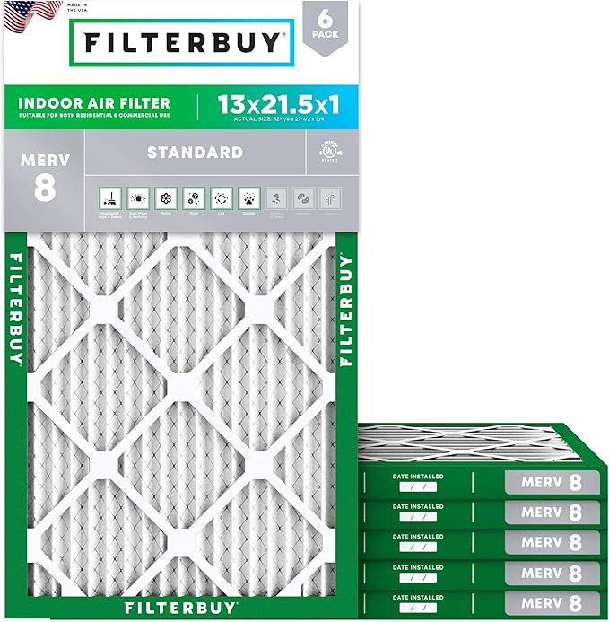 Filterbuy 13x21.5x1 Air Filter MERV 8 Essential Dust & Allergy Defense (6-Pack), Electrostatic Pleated HVAC AC Furnace Filters Replacement, Made in USA (Actual Size: 12.88 x 21.50 x 0.75)