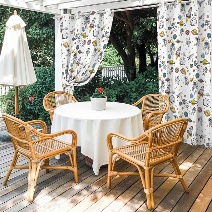 Cartoon Space Outdoor Curtains for Patio Astronauts Spacecraft Rockets Waterproof Outside Curtains with Grommet Top Weatherproof Curtain for Cabana Pergola Gazebo, 1 Panel, 54" W x 84" L