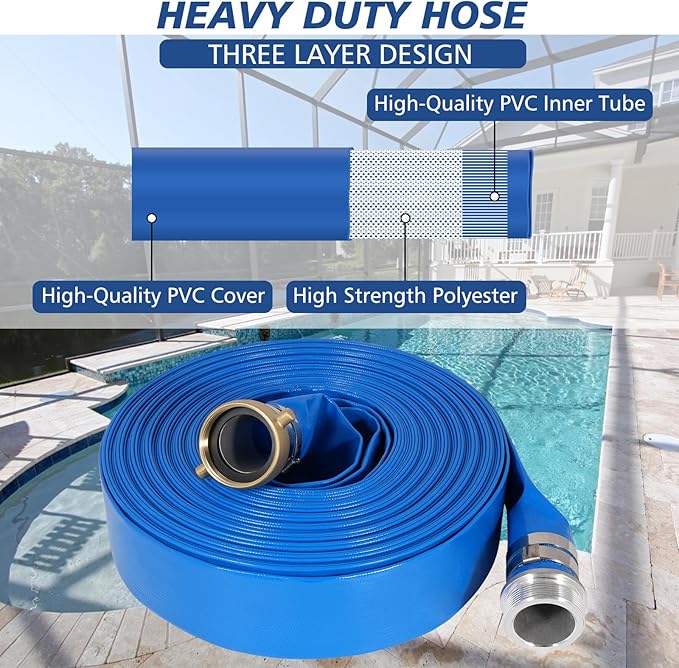 2" x 100 ft Backwash Hose for Swimming Pools, Heavy Duty PVC Lay Flat Water Discharge Hose,Durable Pool Drain Hose with Aluminum Pin Lug Fittings for Pump And Filters