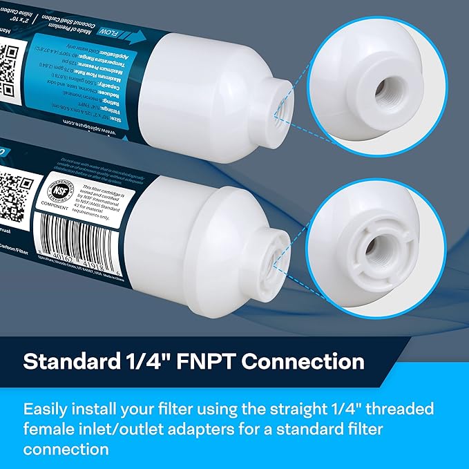 SpiroPure Inline Filter NSF Coconut Shell Granular Carbon Water Filter with 1/4" FNPT, 2" x 10" (1 Pack)