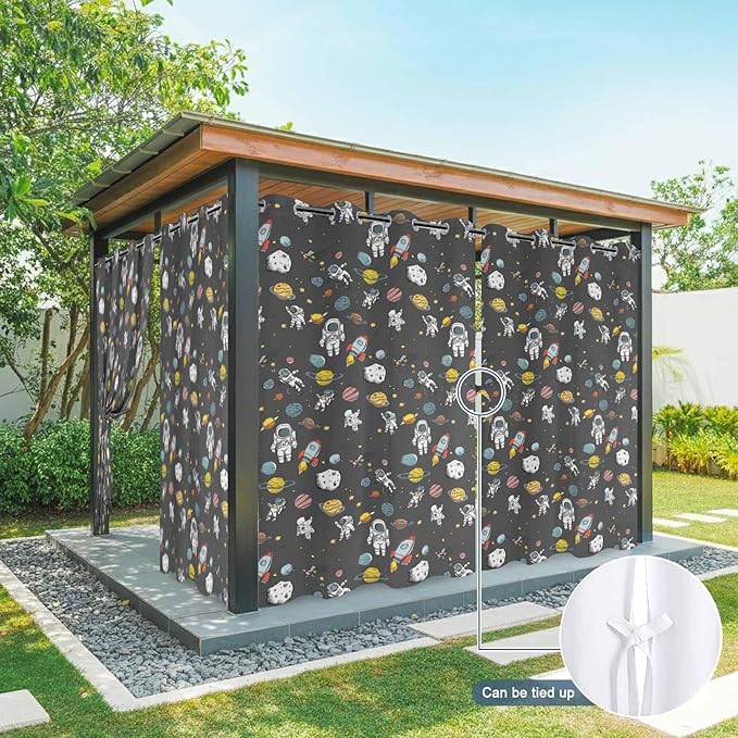 Cartoon Space Outdoor Curtains for Patio Rockets Planets Astronauts Gray Waterproof Outside Curtains with Grommet Top Weatherproof Curtain for Cabana Pergola Gazebo, 1 Panel, 54" W x 95" L