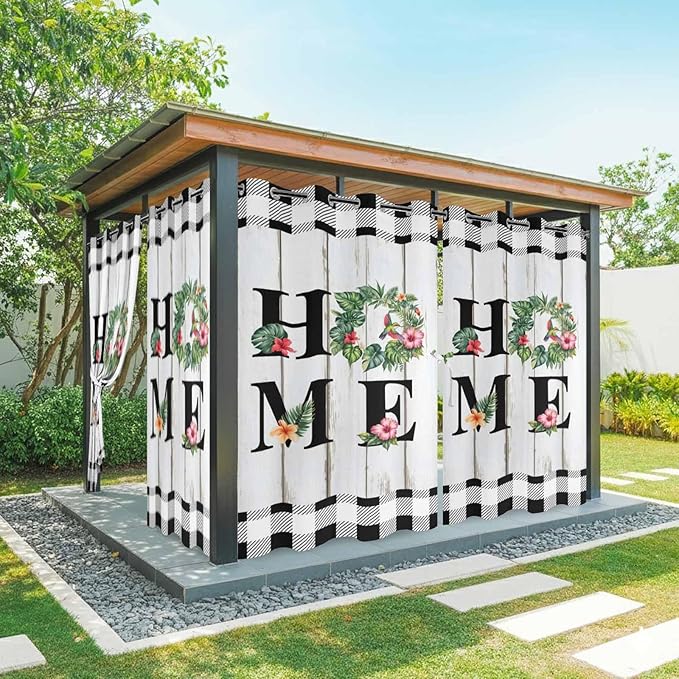Summer Outdoor Curtains for Patio Leaves Garland Plumeria Wood Buffalo Plaid Waterproof Outside Curtains with Grommet Top Weatherproof Curtain for Cabana Pergola Gazebo, 1 Panel, 54" W x 108" L
