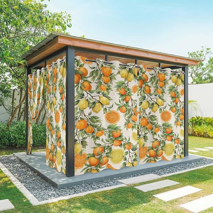 Lemons Yellow Orange Summer Plant Linen Outdoor Curtains for Patio Waterproof Outside Curtains with Grommet Top Weatherproof Curtain for Cabana Pergola Gazebo, 1 Panel, 54" W x 95" L
