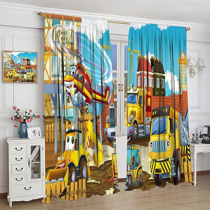 Kids Cartoon Construction Window Curtains, Funny Construction Site Cars and Helicopter Rod Pocket Decorative Windows Curtain for Children Teens Room Decor 84x84in (30% Blackout)