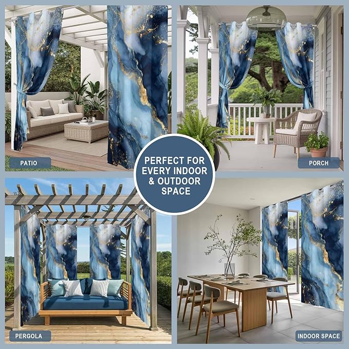 Marble Texture Outdoor Curtains for Patio Abstract Gradient Blue Golden Gorgeous Waterproof Outside Curtains with Grommet Top Weatherproof Curtain for Cabana Pergola Gazebo, 2 Pack, 54" W x 95" L