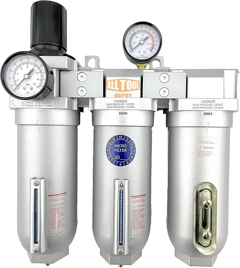 1" NPT SUPER DUTY Industrial Grade Filter Regulator Coalescing Desiccant Dryer System For Compressed Air Lines, Metal Bowls, Great For Paint Spray And Plasma Cutter (MANUAL DRAIN)