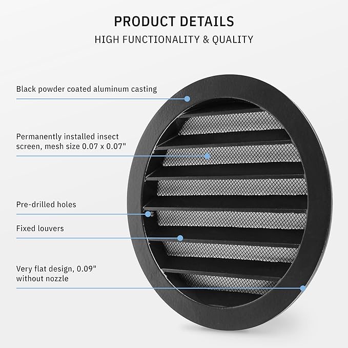 calimaero® WSGB 6" Inch Black Round Metal Air Vent Grill Cover Flat Louver with Fly Screen Fits Only with Metal Ducts