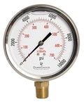 4" Oil Filled Pressure Gauge - Stainless Steel Case, Brass, 1/2" NPT, Lower Mount Connection, 0-10,000PSI