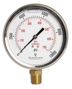 4" Oil Filled Pressure Gauge - Stainless Steel Case, Brass, 1/2" NPT, Lower Mount Connection, 0-10,000PSI