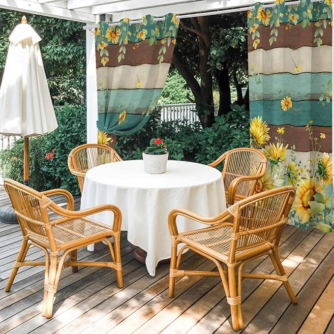 Sunflowers Outdoor Curtains for Patio Summer Floral Eucalyptus Leaves Vintage Wood Waterproof Outside Curtains with Grommet Top Weatherproof Curtain for Cabana Pergola Gazebo, 1 Panel, 54" W x 95" L
