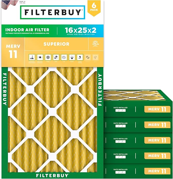 Filterbuy 16x25x2 Air Filter MERV 11 Superior Pet & Allergy Defense (6-Pack), Electrostatic Pleated HVAC AC Furnace Filters Replacement, Made in USA (Actual Size: 15.50 x 24.50 x 1.75)