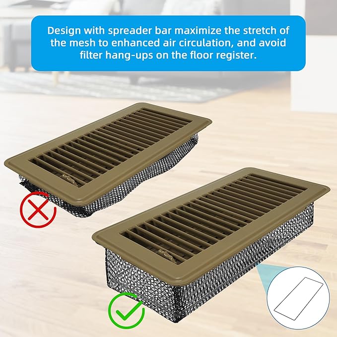 Floor Vent Screen Net, Vent Cover Mesh 6''x10'' for Home Floor and RV Accessory, Air Vent Filter Catches Toys Snacks Pet Food and Pet Hair, Keeps Duct Cleaning - with Spreader Bar 4 Pack