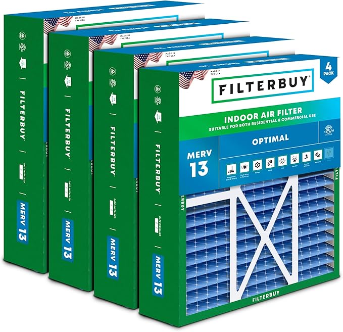 Filterbuy 16x20x5 Air Filter MERV 13 Optimal Smoke & Allergy Defense (4-Pack), Pleated HVAC AC Furnace Filters for Honeywell FC100A1003, Lennox X0592, and More (Actual Size: 15.75 x 19.75 x 4.38)