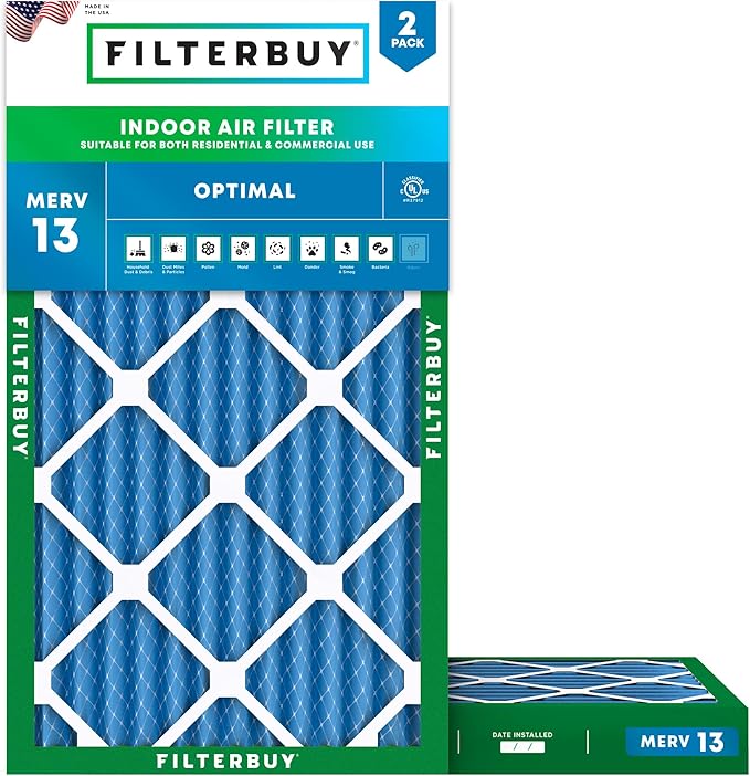 Filterbuy 16x24x2 Air Filter MERV 13 Optimal Smoke & Allergy Defense (2-Pack), Electrostatic Pleated HVAC AC Furnace Filters Replacement, Made in USA (Actual Size: 15.38 x 23.38 x 1.75)