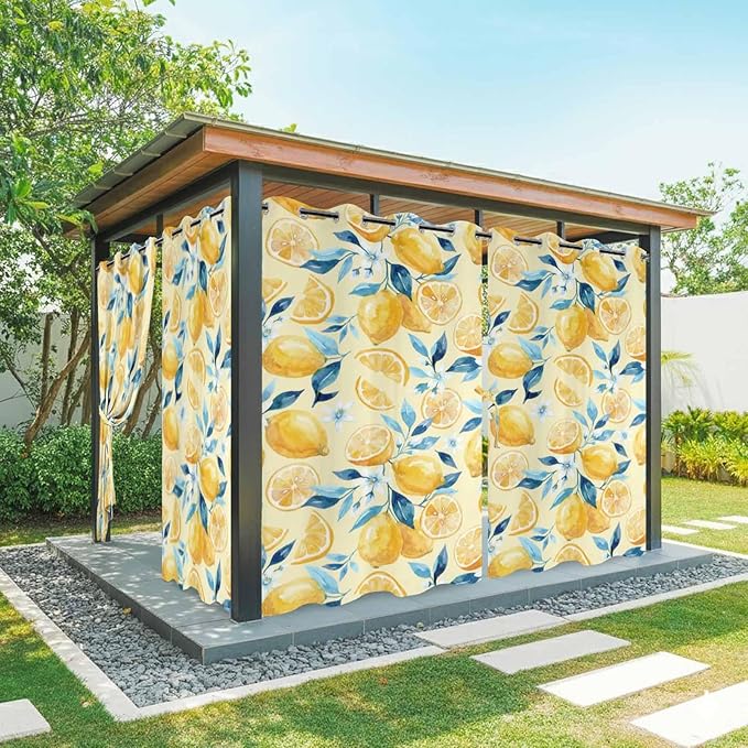 Lemon Outdoor Curtains for Patio Lemon Leaves Summer Plants Begin Waterproof Outside Curtains with Grommet Top Weatherproof Curtain for Cabana Pergola Gazebo, 2 Pack, 54" W x 84" L