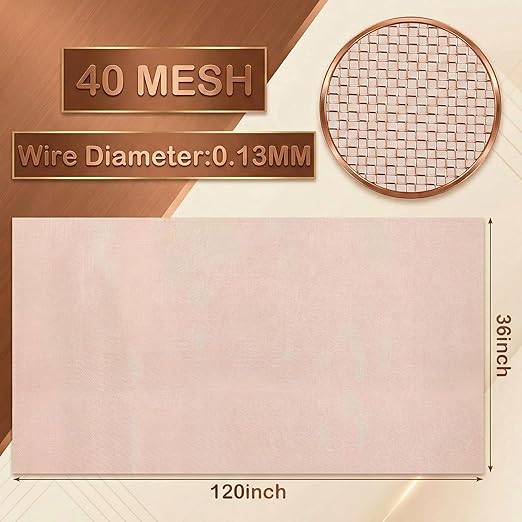 Therwen 36 Inch x 10 ft Copper Mesh Screen 99.9% Pure Copper 40 Mesh Roll Wire Fabric for Grounding Dense Filter Screen Woven Crafts Window Protection