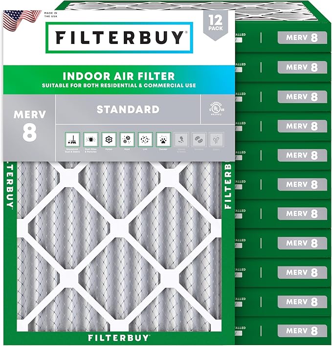 Filterbuy 24x30x2 Air Filter MERV 8 Essential Dust & Allergy Defense (12-Pack), Electrostatic Pleated HVAC AC Furnace Filters Replacement, Made in USA (Actual Size: 23.50 x 29.50 x 1.75)