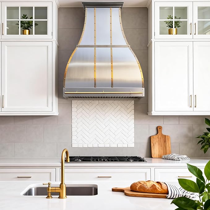 CHETTO C Stainless Steel Range Hood Cover with Quiet Vent Hood Insert Custom Handcrafted Metal Kitchen Fan with Towel Rack LED Light 42"W x24"D x36"H Brushed Stainless Steel Wall Mount