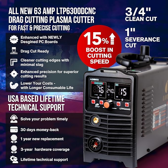 LTP6300DCNC | 63A CNC-Enabled Plasma Cutter, Drag-Cut Enables, Non-HF Blowback Pilot Arc, 3/4" Clean (1" Sever), THC/ARC OK, Dual-Voltage 110/220V, LED Controls, Portable Air Plasma Cutter