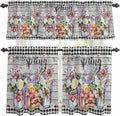 Kitchen Curtains Tiers and Valance Set of 3, Spring Flowers Light Filtering Window Curtain Set, Farmhouse Black Plaid Wood Grain Rod Pocket Curtain Drapes for Cafe, Living Room, 24 Inches Tiers