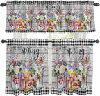 Kitchen Curtains Tiers and Valance Set of 3, Spring Flowers Light Filtering Window Curtain Set, Farmhouse Black Plaid Wood Grain Rod Pocket Curtain Drapes for Cafe, Living Room, 24 Inches Tiers