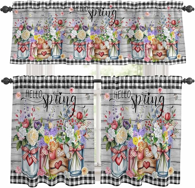 Spring Flowers Kitchen Curtains Set 3 Piece for Windows, Rod Pocket Valance and Tier Set 24 Inch Length, Farmhouse Black Plaid Wood Grain Light Filtering Cafe Curtains for Living Room Bathroom