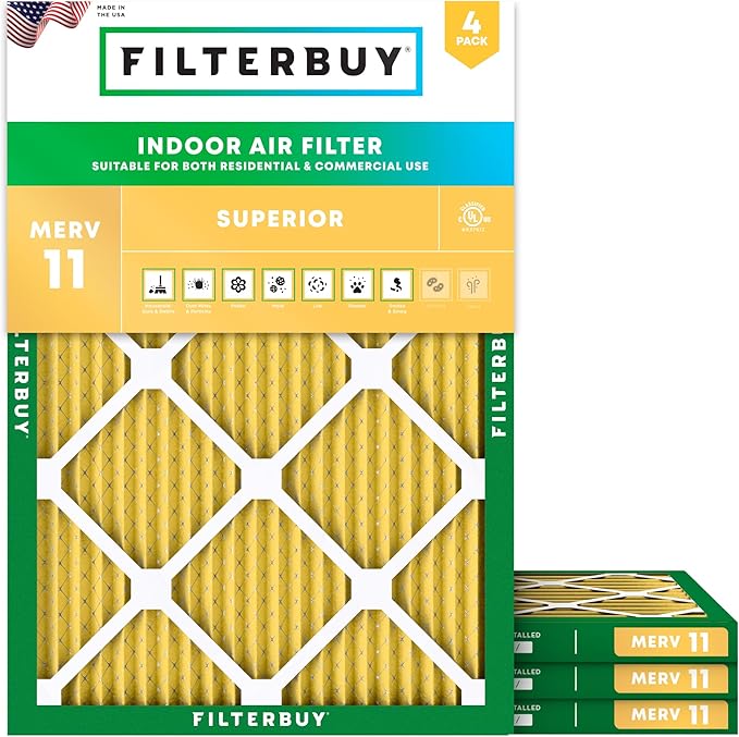 Filterbuy 16x21x1 Air Filter MERV 11 Superior Pet & Allergy Defense (4-Pack), Electrostatic Pleated HVAC AC Furnace Filters Replacement, Made in USA (Actual Size: 15.50 x 20.50 x 0.75)