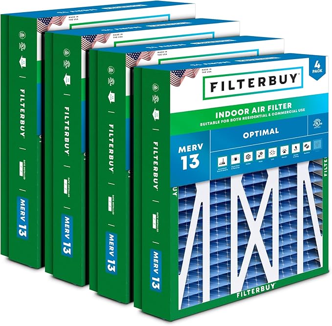 Filterbuy 21x23.5x5 Air Filter MERV 13 Optimal Smoke & Allergy Defense (4-Pack), Pleated HVAC AC Furnace Filters for Trane Perfect Fit & American Standard (Actual Size: 20.00 x 23.09 x 4.97)