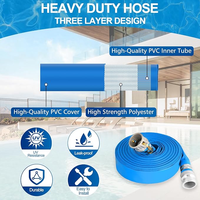 2" x 50 ft Backwash Hose for Swimming Pools, Heavy Duty PVC Water Lay Flat Discharge Hose,Durable Pool Drain Hose with Aluminum Camlock C and E Fittings for Pump And Filters