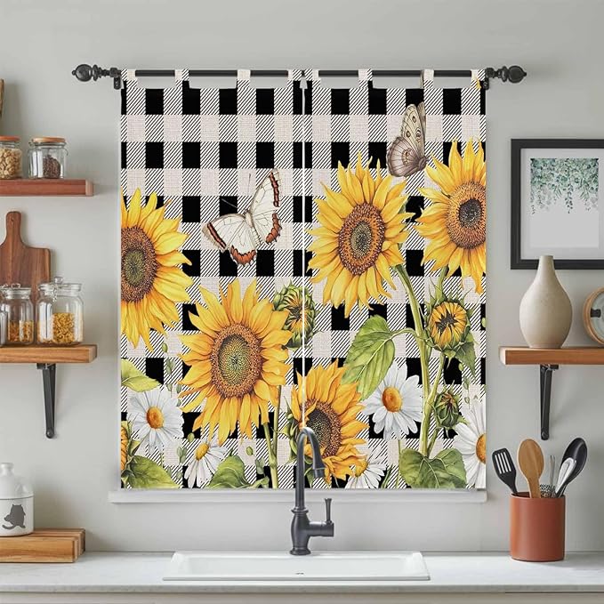 Sunflowers Living Room Curtains 84 Inch Length, Window Curtains Tab Top, Yellow Flowers Butterfly Farmhouse Black Plaid Light Filtering Window Treatments Drapes 42"x84" 2 Panel