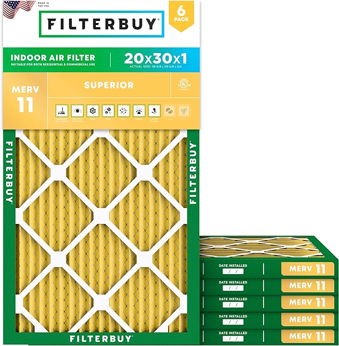 Filterbuy 20x30x1 Air Filter MERV 11 Superior Pet & Allergy Defense (6-Pack), Electrostatic Pleated HVAC AC Furnace Filters Replacement, Made in USA (Actual Size: 19.63 x 29.63 x 0.75)