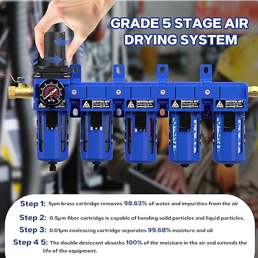 1/2'' NPT 5 Stage Air Drying System,5 &0.5 &0.01 Micron Filter Cartridge,Double Desiccant Dryers & Air Regulator,Metal Bowl, Semi-Auto Drain,Industrial Grade-Blue