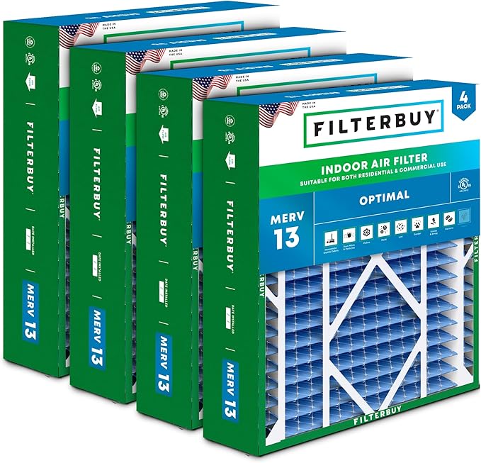 Filterbuy 21x24.5x5 Air Filter MERV 13 Optimal Smoke & Allergy Defense (4-Pack), Electrostatic Pleated HVAC AC Furnace Filters for Rheem, Ruud, and Protech (Actual Size: 20.63 x 24.13 x 4.38)