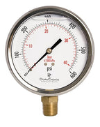 4" Oil Filled Pressure Gauge - Stainless Steel Case, Brass, 1/2" NPT, Lower Mount Connection, 0-600PSI