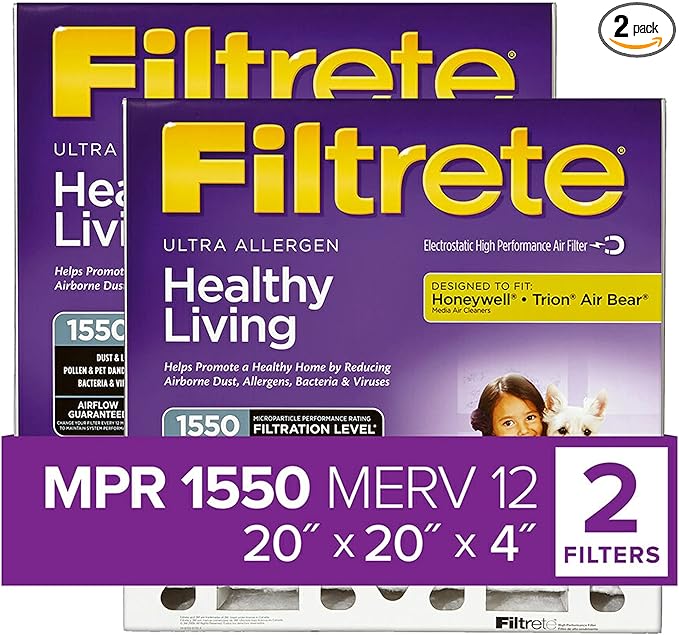 Filtrete 20x20x4, AC Furnace Air Filter, MPR 1550 DP, Healthy Living Ultra Allergen Deep Pleat, 2-Pack (Actual Dimensions 19.88 x 19.88 x 4.31)